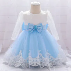 Princess Wedding Floral Ballgown Dress with Beaded Ribbon Bow Long Sleeve for Girls