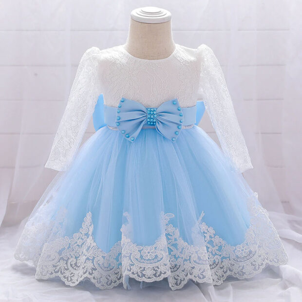 Princess Wedding Floral Ballgown Dress with Beaded Ribbon Bow Long Sleeve for Girls