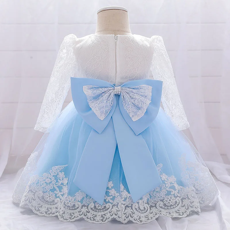Princess Wedding Floral Ballgown Dress with Beaded Ribbon Bow Long Sleeve for Girls - Image 2