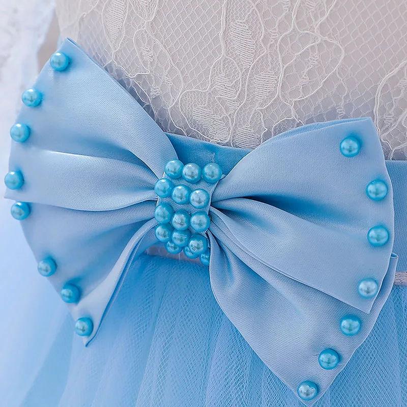 Princess Wedding Floral Ballgown Dress with Beaded Ribbon Bow Long Sleeve for Girls - Image 6