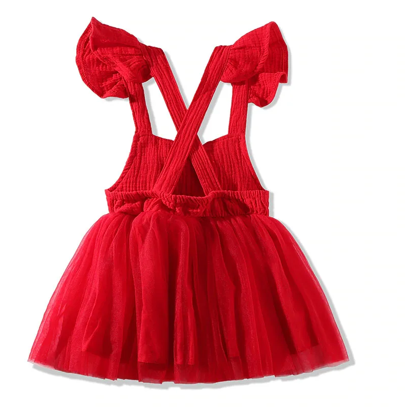Baby Girl Red Suspender Ribbon Mesh Dress Ruffled Backless Sleeveless - Image 2
