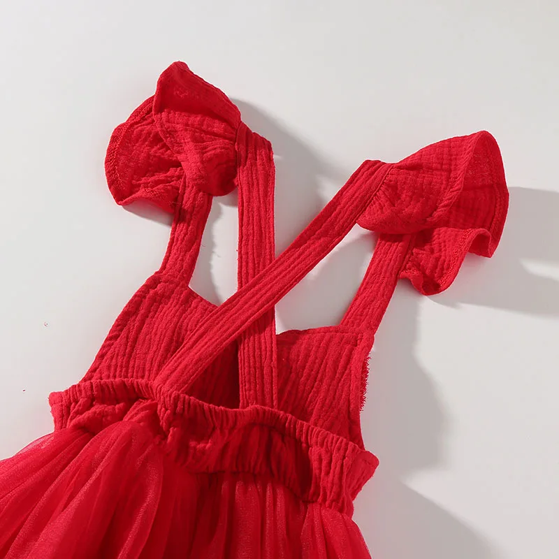 Baby Girl Red Suspender Ribbon Mesh Dress Ruffled Backless Sleeveless - Image 4