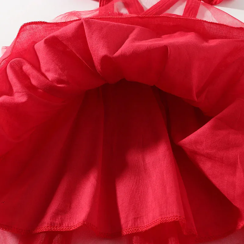 Baby Girl Red Suspender Ribbon Mesh Dress Ruffled Backless Sleeveless - Image 6