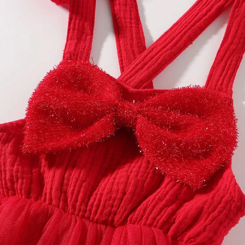 Baby Girl Red Suspender Ribbon Mesh Dress Ruffled Backless Sleeveless - Image 3