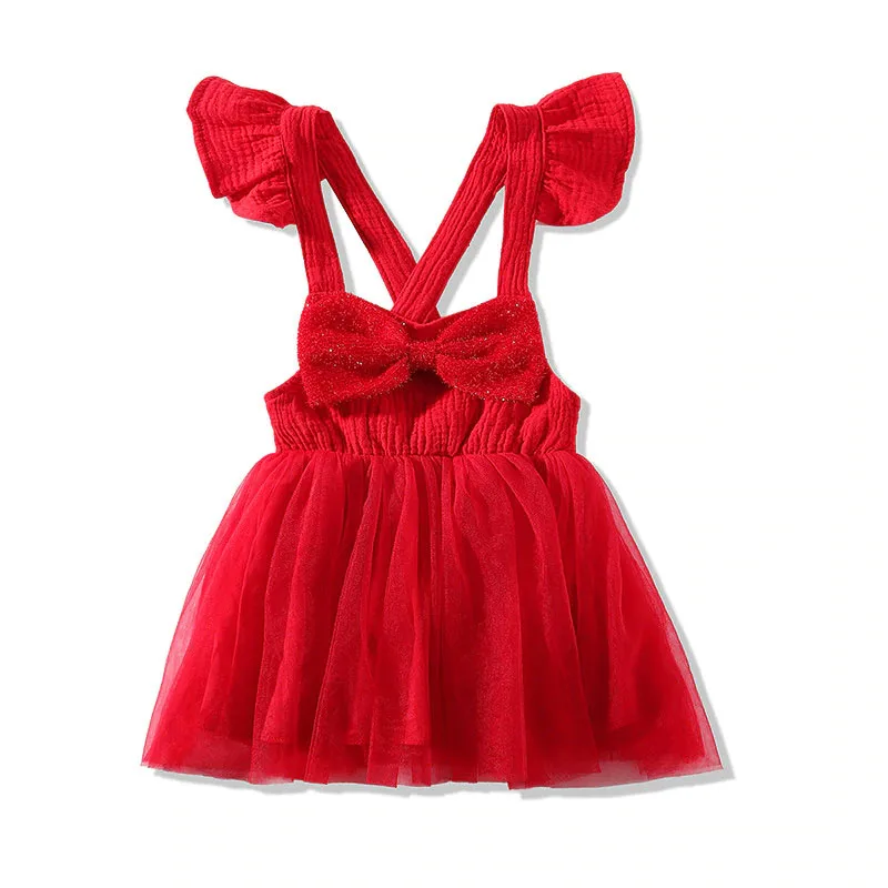 Baby Girl Red Suspender Ribbon Mesh Dress Ruffled Backless Sleeveless