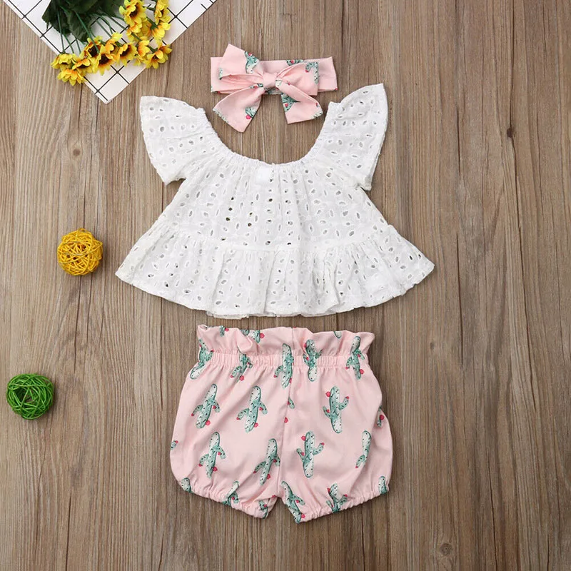 Baby Girl See Through Ruffle Blouse, Flower Shorts, Ribbon Headband 3 pcs
