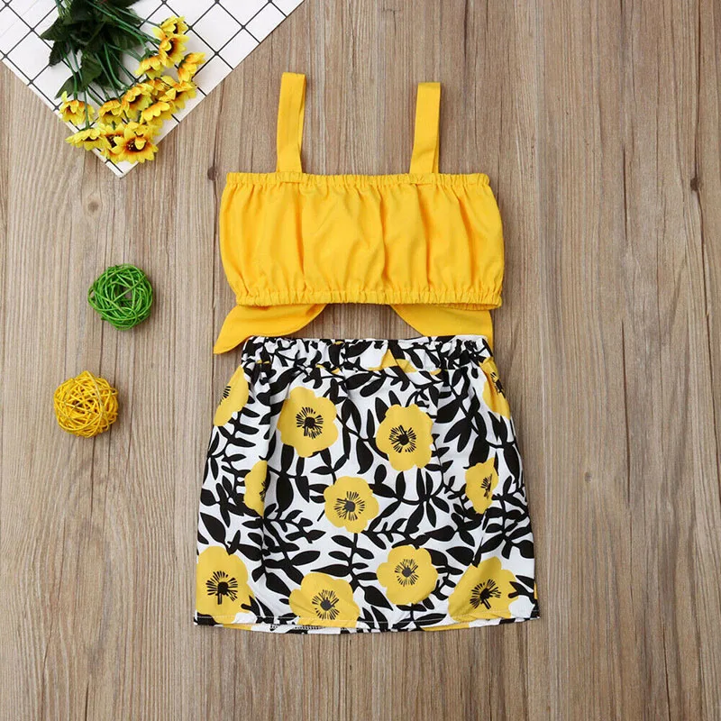 Baby Girl Ribbon Bowknot Crop Top Tube Tank, Floral Skirt 2 pcs Outfit - Image 3