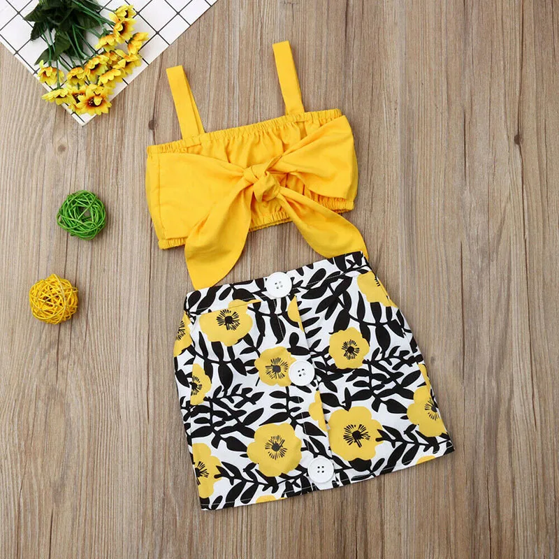 Baby Girl Ribbon Bowknot Crop Top Tube Tank, Floral Skirt 2 pcs Outfit - Image 2