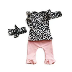 Baby Girl White Leopard Skin Top Shirt, Pants, Ribbon Headband 3 pcs Outfit