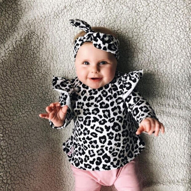 Baby Girl White Leopard Skin Top Shirt, Pants, Ribbon Headband 3 pcs Outfit - Image 9