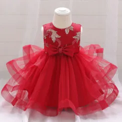 Princess Wedding Floral Sequins Dress with Layered Ruffled Tulle Sleeveless for Girls
