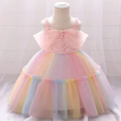 Princess Wedding Crochet Bodice Ballgown Dress with Colorful Tulle Sleeveless for Girls