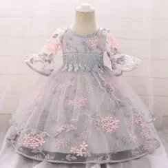 Princess Wedding Floral Placement Ballgown Dress with Beading & Tulle Half Sleeve for Girls
