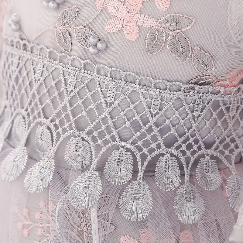 Princess Wedding Floral Placement Ballgown Dress with Beading & Tulle Half Sleeve for Girls - Image 4