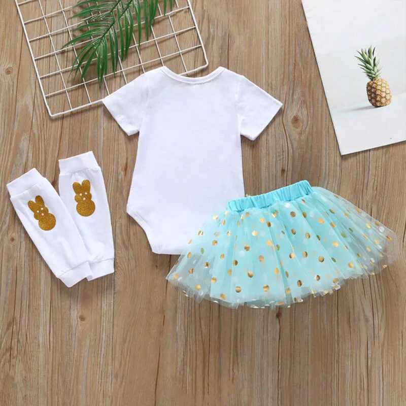 Baby Girl Glitter Bunny Onesie & Polka Dot Tulle Skirt with Leg Warmers Short Sleeve 3 pcs - Image 4