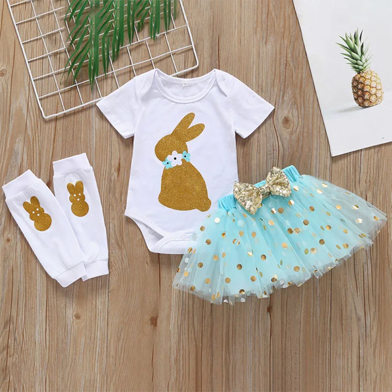 Baby Girl Glitter Bunny Onesie & Polka Dot Tulle Skirt with Leg Warmers Short Sleeve 3 pcs - Image 3