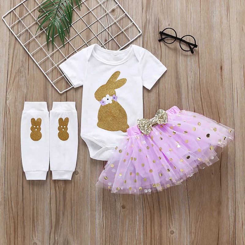Baby Girl Glitter Bunny Onesie & Polka Dot Tulle Skirt with Leg Warmers Short Sleeve 3 pcs - Image 2