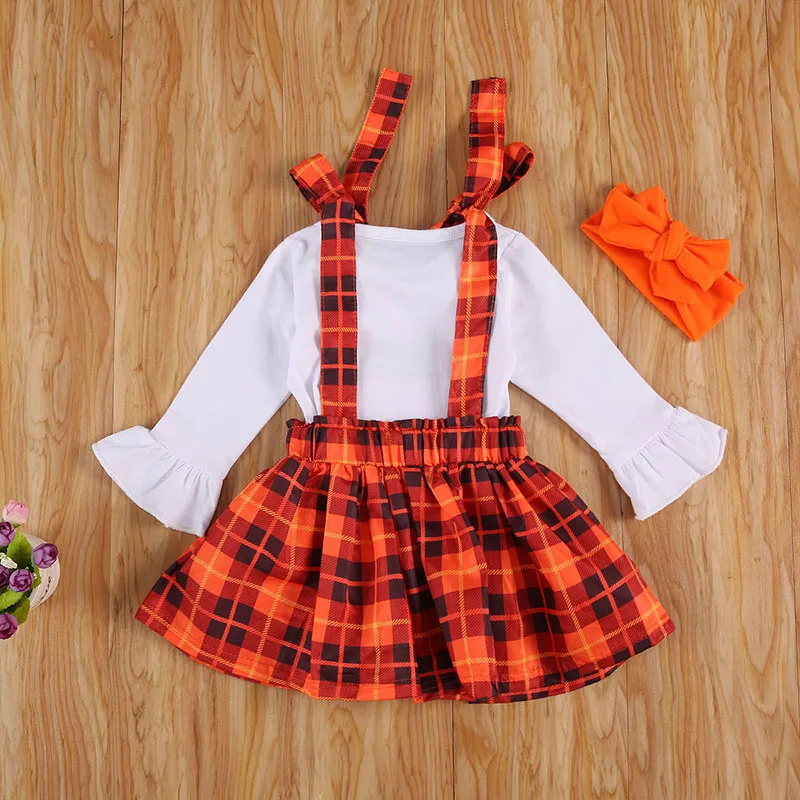 Halloween Pumpkin Applique T-Shirt Long Sleeve & Check Pattern Suspenders Dress with Headband for Girls - Image 2