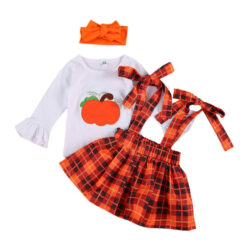 Halloween Pumpkin Applique T-Shirt Long Sleeve & Check Pattern Suspenders Dress with Headband for Girls