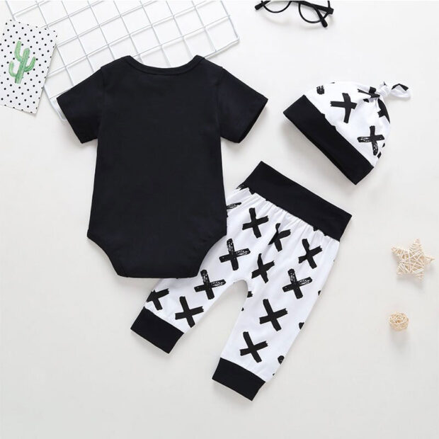 Funny Print Handsome Just Like Dad Pajamas Short Sleeve with Onesie, Pants, Beanie Hat - Image 2