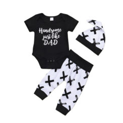 Funny Print Handsome Just Like Dad Pajamas Short Sleeve with Onesie, Pants, Beanie Hat