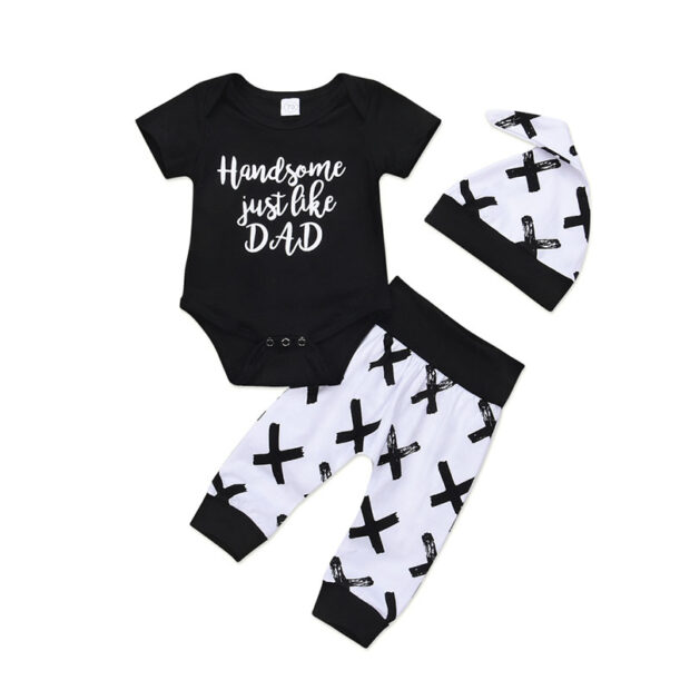 Funny Print Handsome Just Like Dad Pajamas Short Sleeve with Onesie, Pants, Beanie Hat