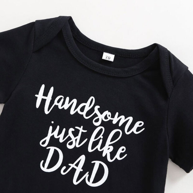 Funny Print Handsome Just Like Dad Pajamas Short Sleeve with Onesie, Pants, Beanie Hat - Image 3