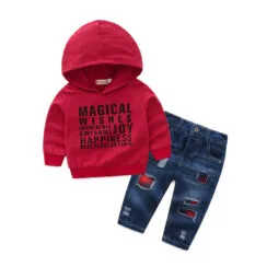 Baby Happiness Phrase Hoodie & Applique Patch Jeans Long Sleeve 2 pcs Set