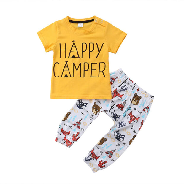 Happy Camper Print Shirt & Animal Variable Pattern Pants Long Sleeve
