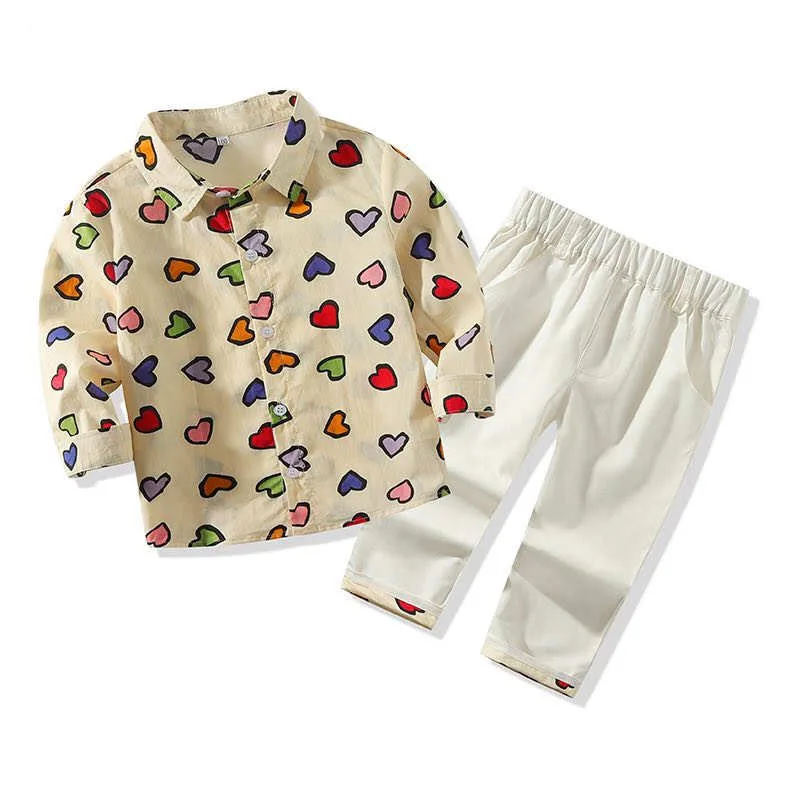 Baby Hearts Pattern Button Shirt Long Sleeve, Elastic Pants 2 pcs Outfit
