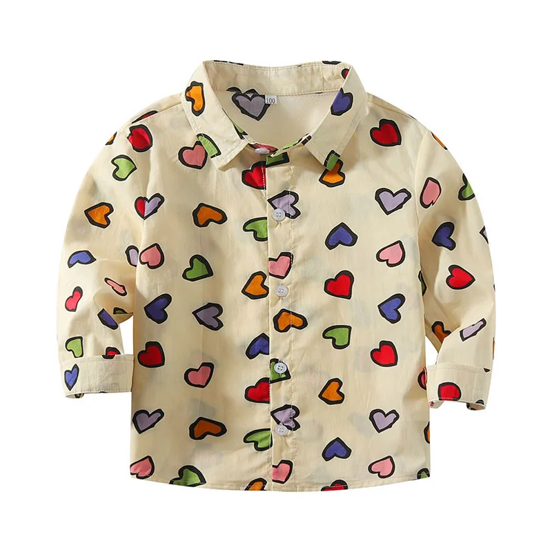 Baby Hearts Pattern Button Shirt Long Sleeve, Elastic Pants 2 pcs Outfit - Image 2