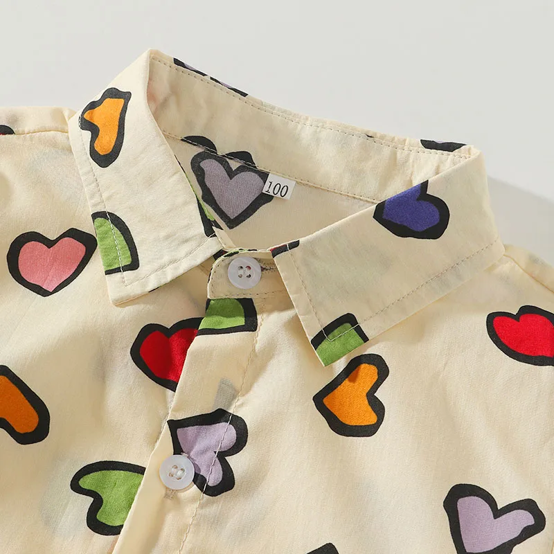 Baby Hearts Pattern Button Shirt Long Sleeve, Elastic Pants 2 pcs Outfit - Image 3