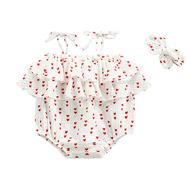 Sleeveless Hearts Pattern Off Shoulder Romper with Ribbon Headband