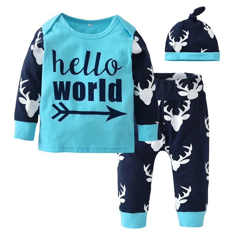 Hello World Newborn Sweater Reindeer Print Sweatpants with Beanie Hat