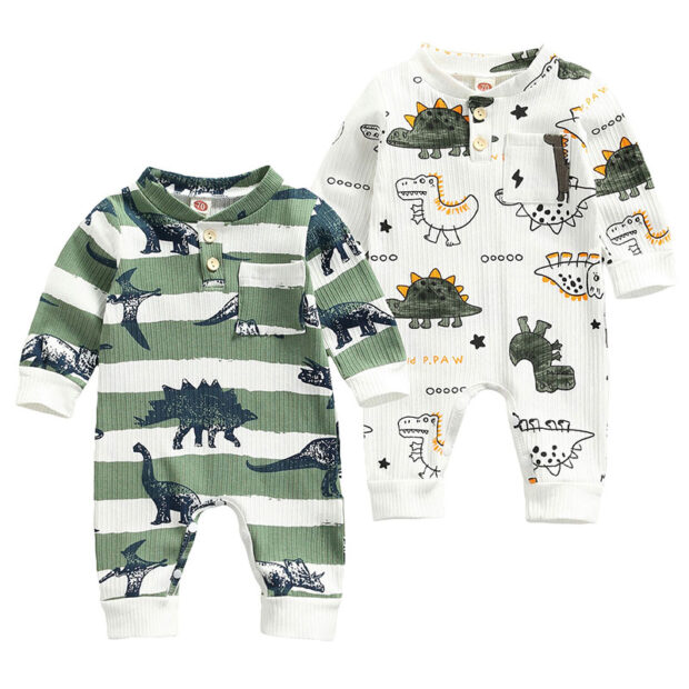 Baby Dinosaur Drawing Print Romper Henley Style Long Sleeve