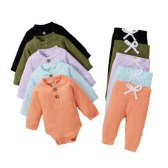 Henley Style Ribbed Pattern Onesie & Drawstring Pants Long Sleeve Sleepwear
