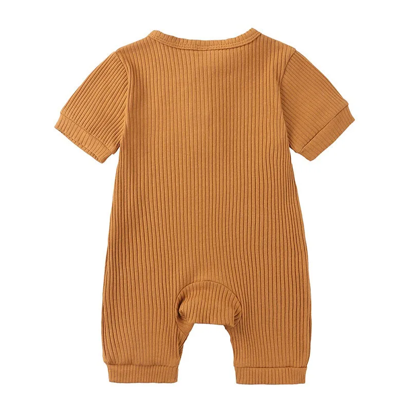 Henley Style Romper in Solid Color & Ribbed Pattern Short Sleeve - Image 2