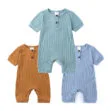 Henley Style Romper in Solid Color & Ribbed Pattern Short Sleeve