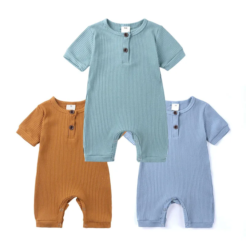 Henley Style Romper in Solid Color & Ribbed Pattern Short Sleeve