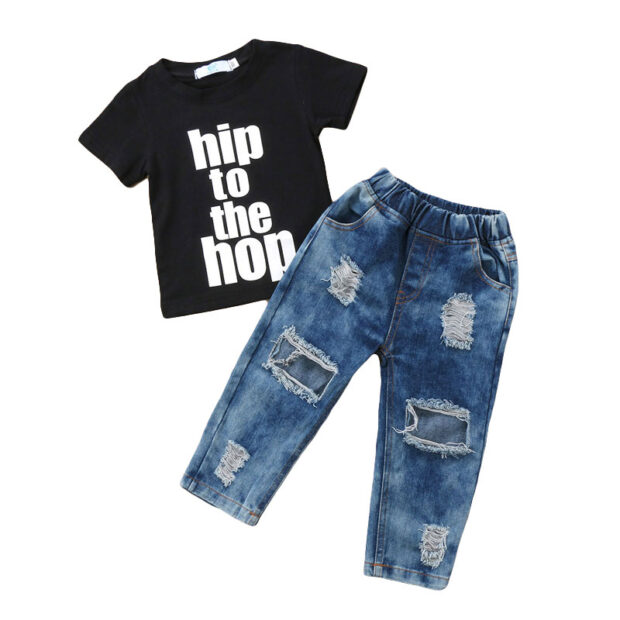 Hip Hop Print Shirt & Ripped Denim Jeans Long Sleeve