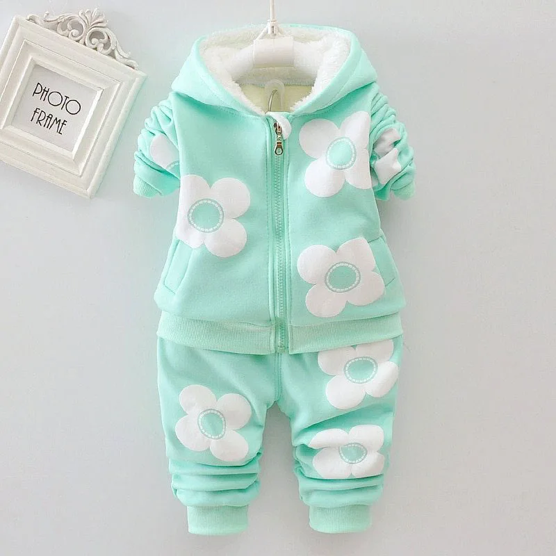 Baby Girl's Hooded Zippered Tracksuit Coat Long Sleeve Floral Patterned and Pants