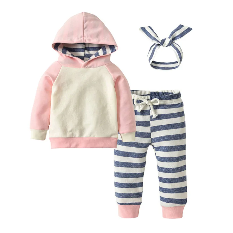 Long Sleeves Hoodie Striped Trousers with Ribbon Headband