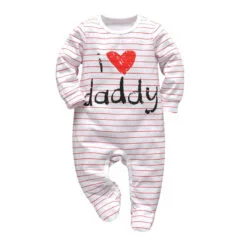 I Love Daddy Letter Print Footed Jumpsuit Stripe Sleepwear Long Sleeve