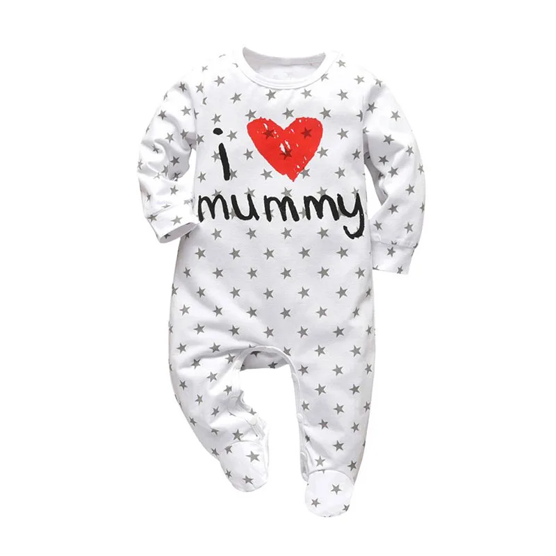 I Love Mommy Letter Print Footed Jumpsuit All-Over Star Sleepwear Long Sleeve