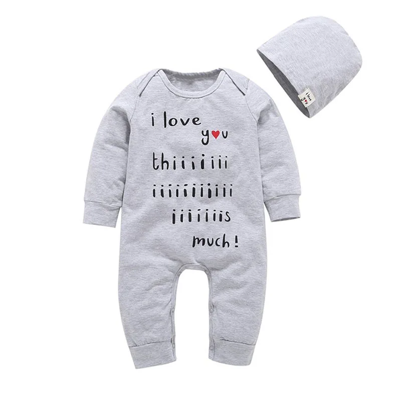 Baby I Love You This Much Letter Print Long Sleeves Jumpsuit Beanie Hat