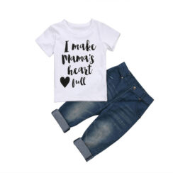 Baby I Make Mama’s Heart Full Letter Print T-Shirt & Denim Jeans Long Sleeve
