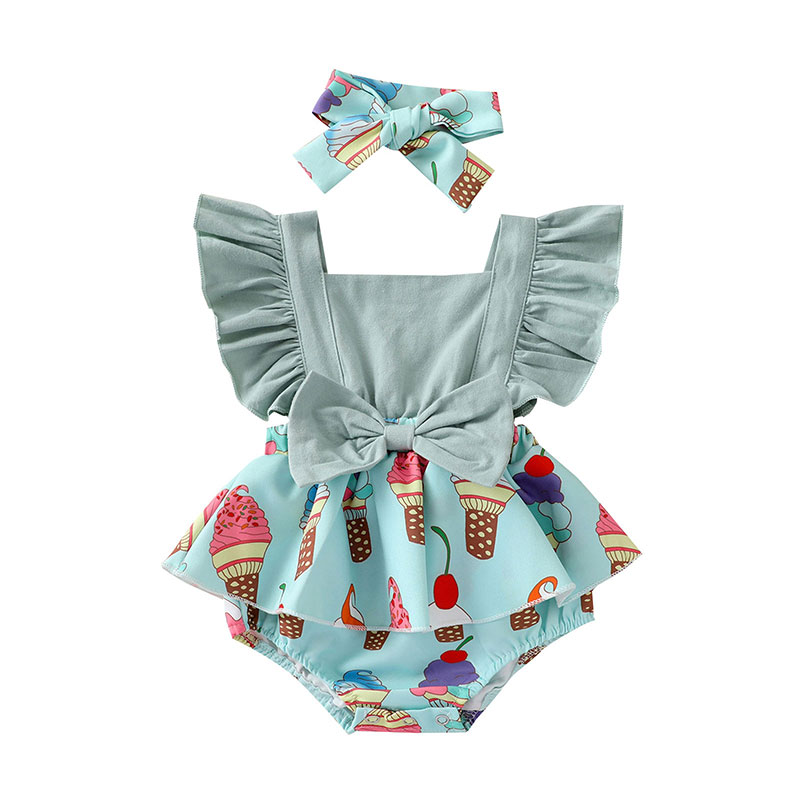 Multilist Birthday Cupcake Print  Baby Jumpsuit Romper Dress Headband Bow NB-12M 