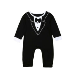 Informal Wedding Black Tuxedo Romper with Bow Tie Long Sleeve