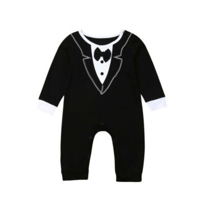 Informal Wedding Black Tuxedo Romper with Bow Tie Long Sleeve