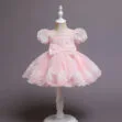 Intricate Flower Pattern Princess Dress with Ribbon & Puff Shoulders Short Sleeve for Wedding